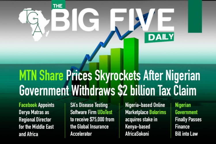 MTN Share Prices Skyrockets After Nigerian Government Withdraws $2 billion Tax Claim, SA’s Disease Testing Software Firm UDoTest to receive $75,000 from the Global Insurance Accelerator and More